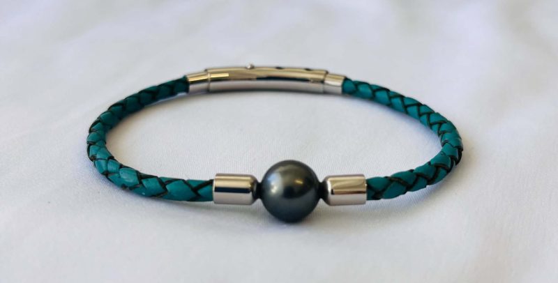 brac fin cuir tressé vert classique ajustable 2